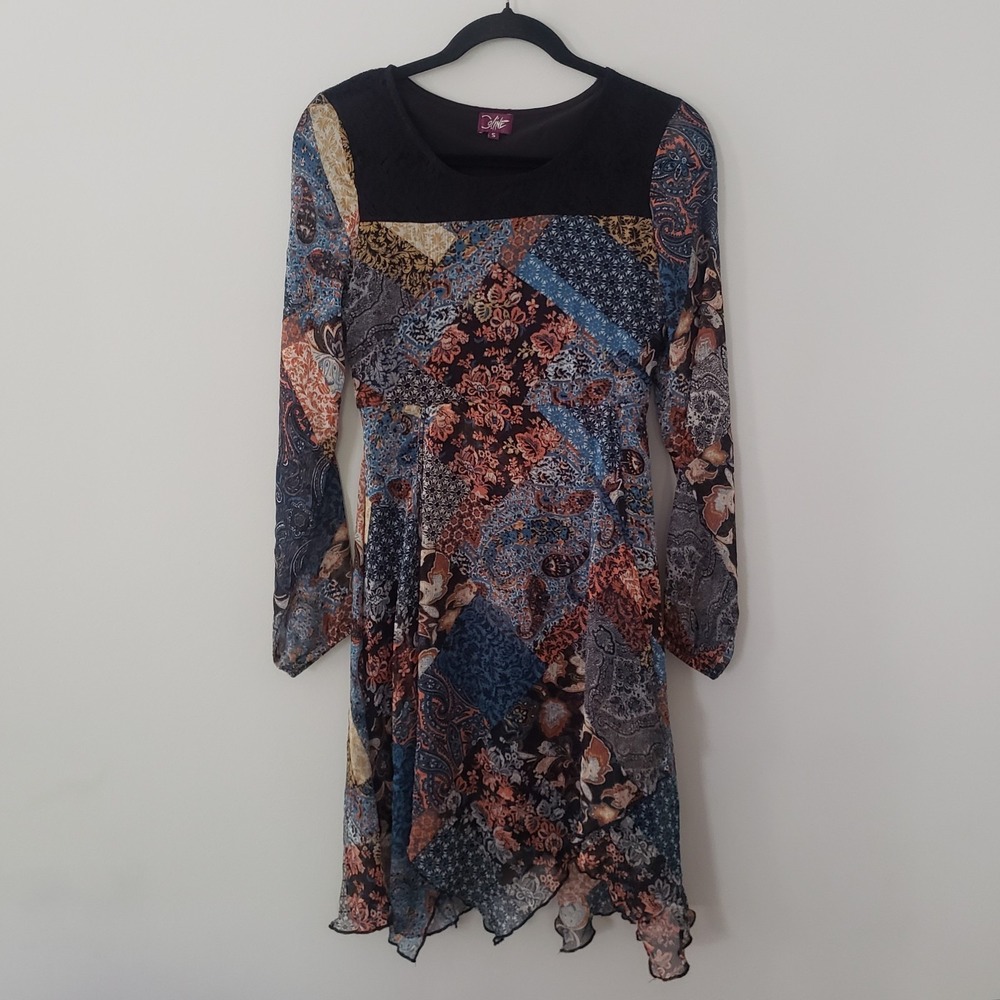Coline Whimsigoth Boho Patchwork Look Dress SMALL Fairy Grunge Asymmetric Hem